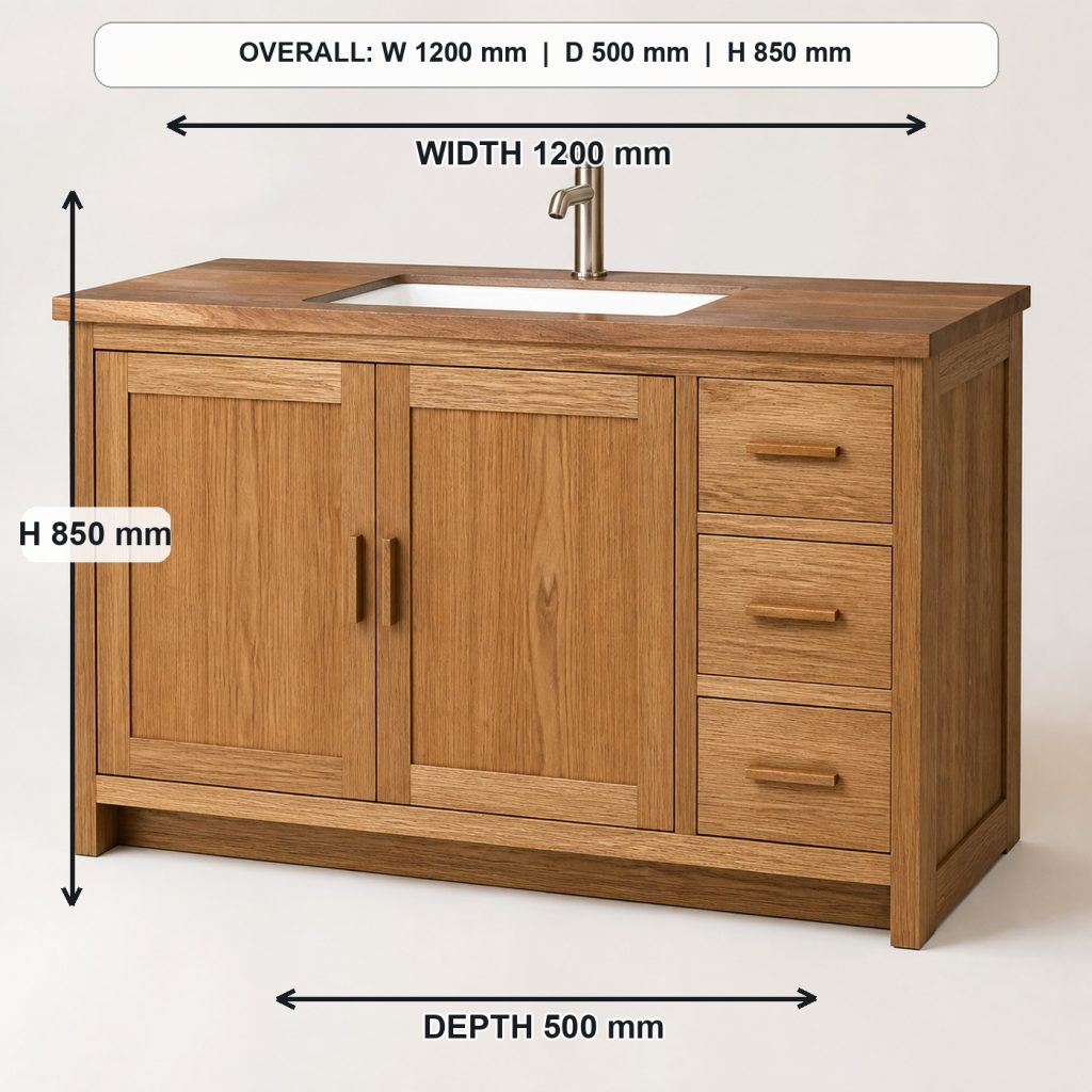 teak and white-oak bathroom vanity complete three-quarter project view, overall dimensions 1200 mm wide x 500 mm deep x 850 mm high, excluding the faucet