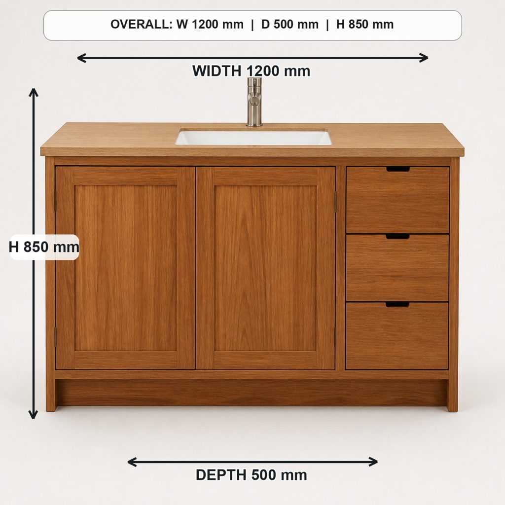 teak and white-oak bathroom vanity front elevation and overall proportions, overall dimensions 1200 mm wide x 500 mm deep x 850 mm high, excluding the faucet