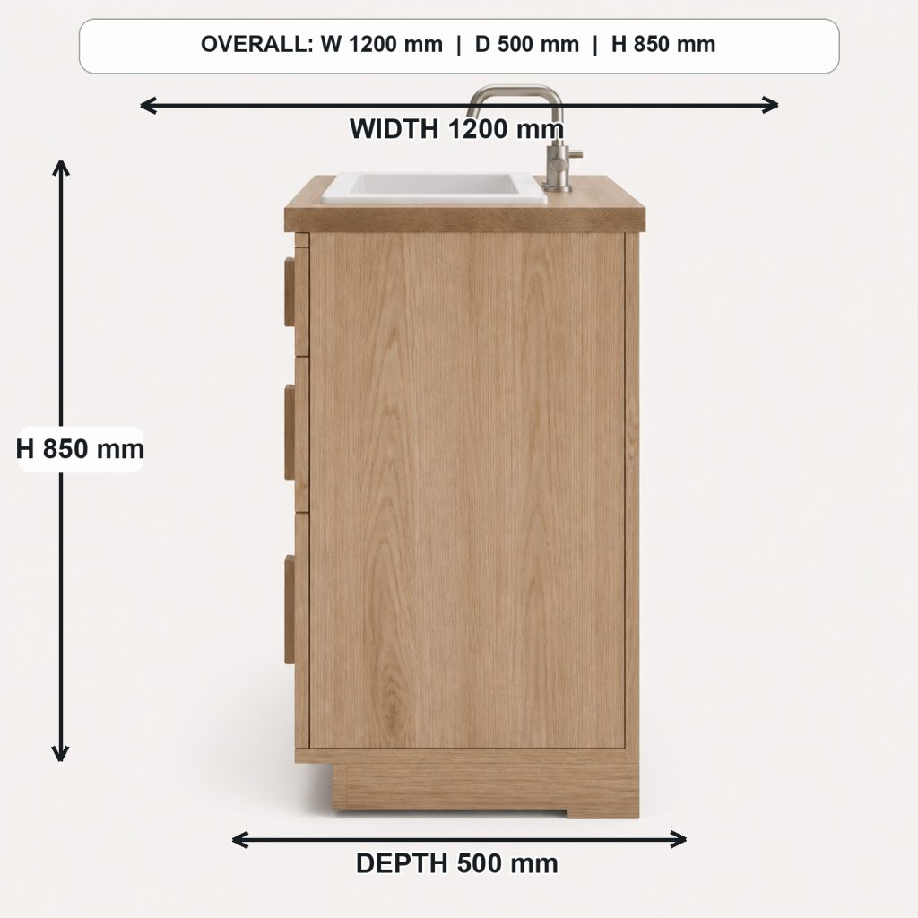 teak and white-oak bathroom vanity side elevation and depth, overall dimensions 1200 mm wide x 500 mm deep x 850 mm high, excluding the faucet