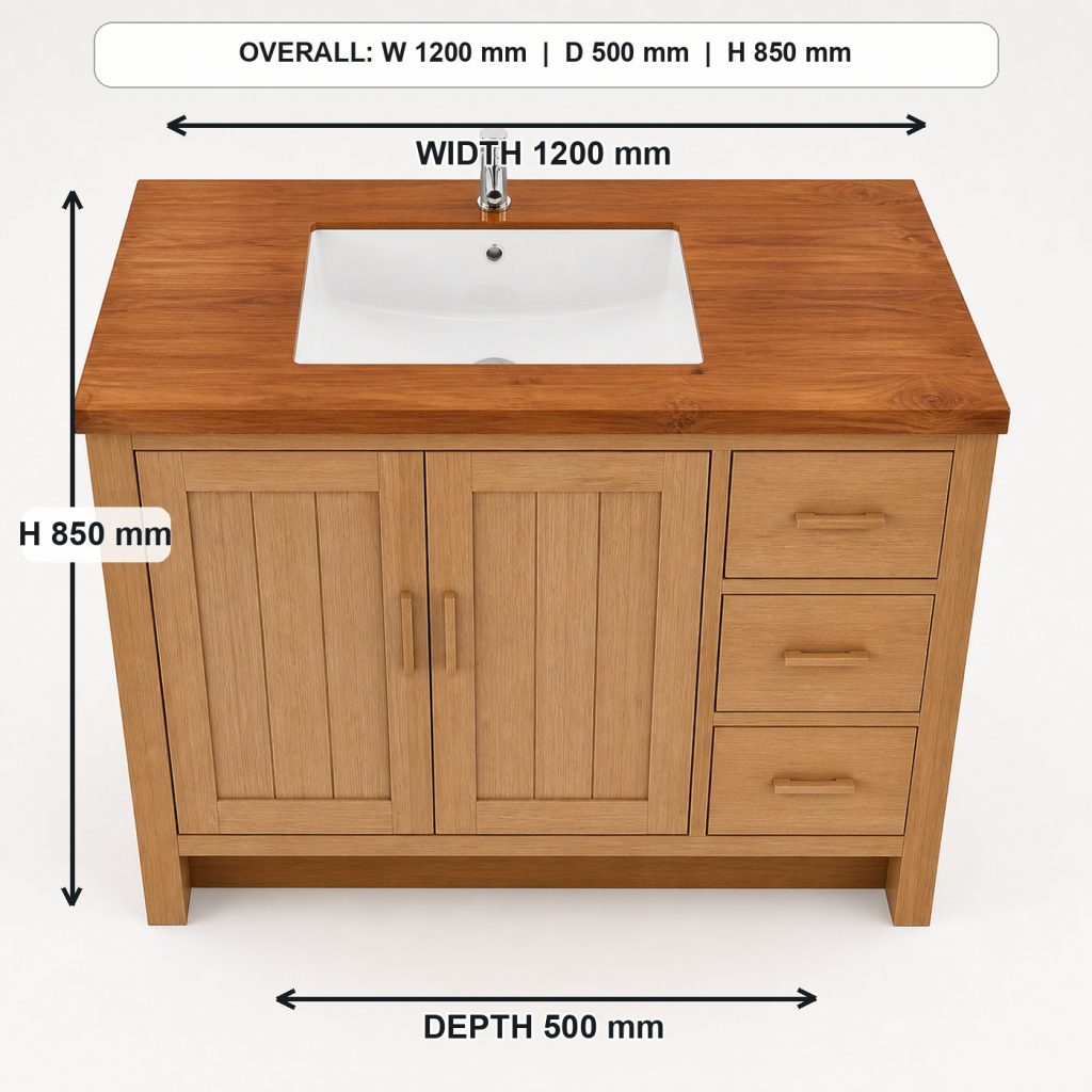 teak and white-oak bathroom vanity top view and usable surface, overall dimensions 1200 mm wide x 500 mm deep x 850 mm high, excluding the faucet