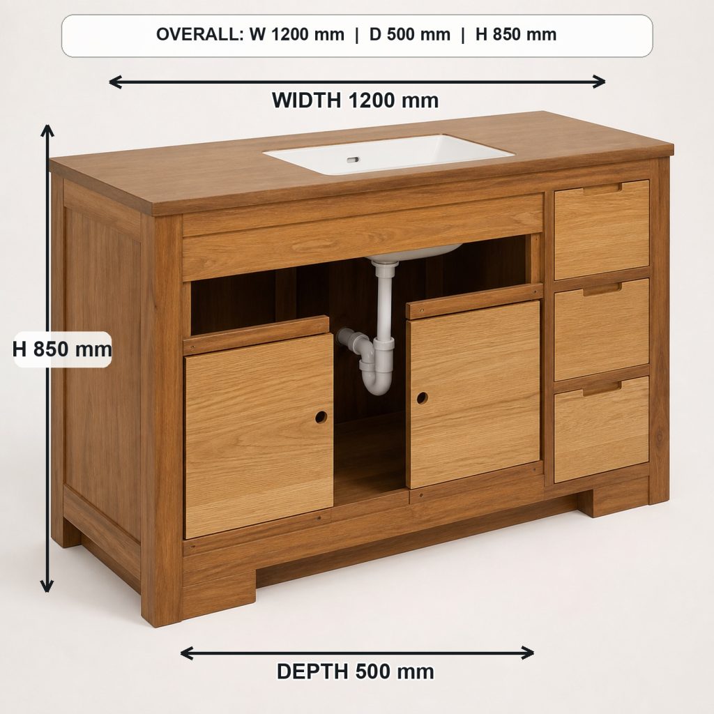 teak and white-oak bathroom vanity rear construction and support, overall dimensions 1200 mm wide x 500 mm deep x 850 mm high, excluding the faucet