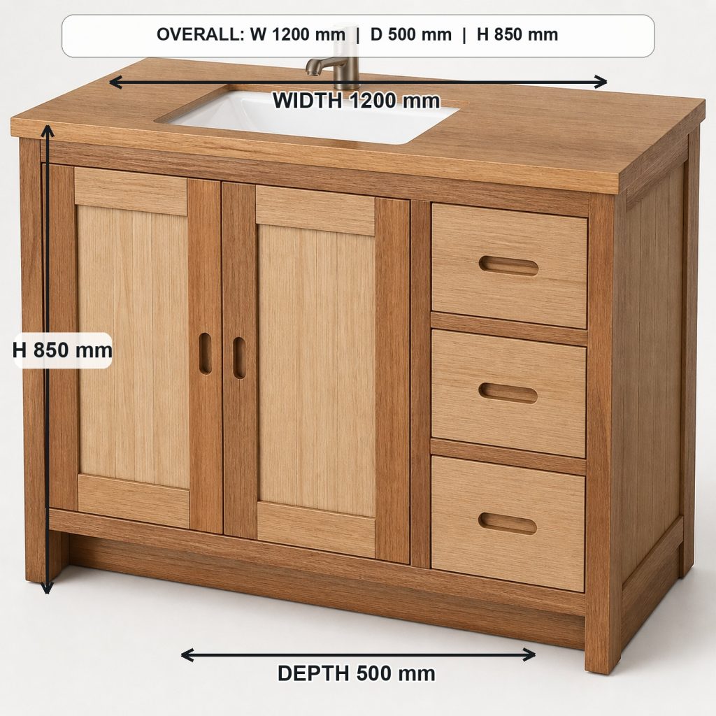 teak and white-oak bathroom vanity primary joinery detail, overall dimensions 1200 mm wide x 500 mm deep x 850 mm high, excluding the faucet
