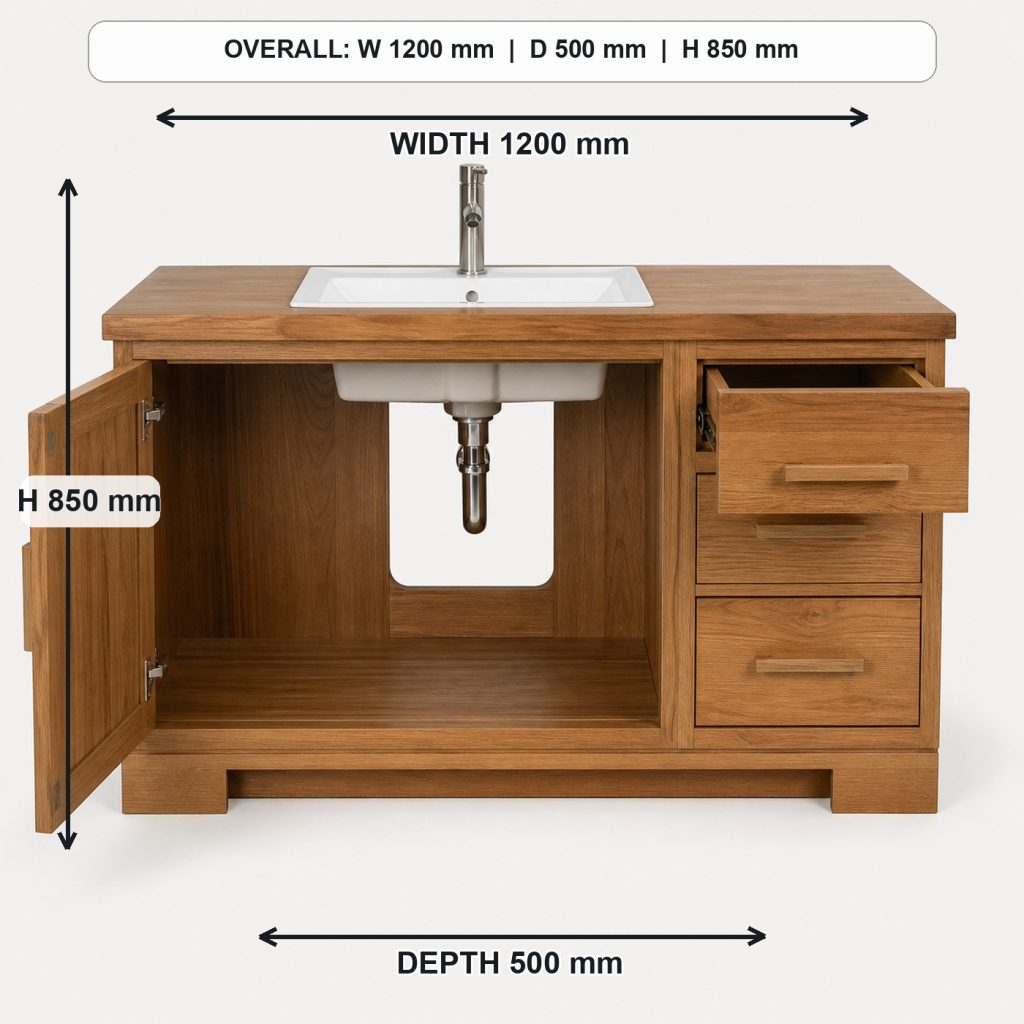 teak and white-oak bathroom vanity storage or functional detail, overall dimensions 1200 mm wide x 500 mm deep x 850 mm high, excluding the faucet