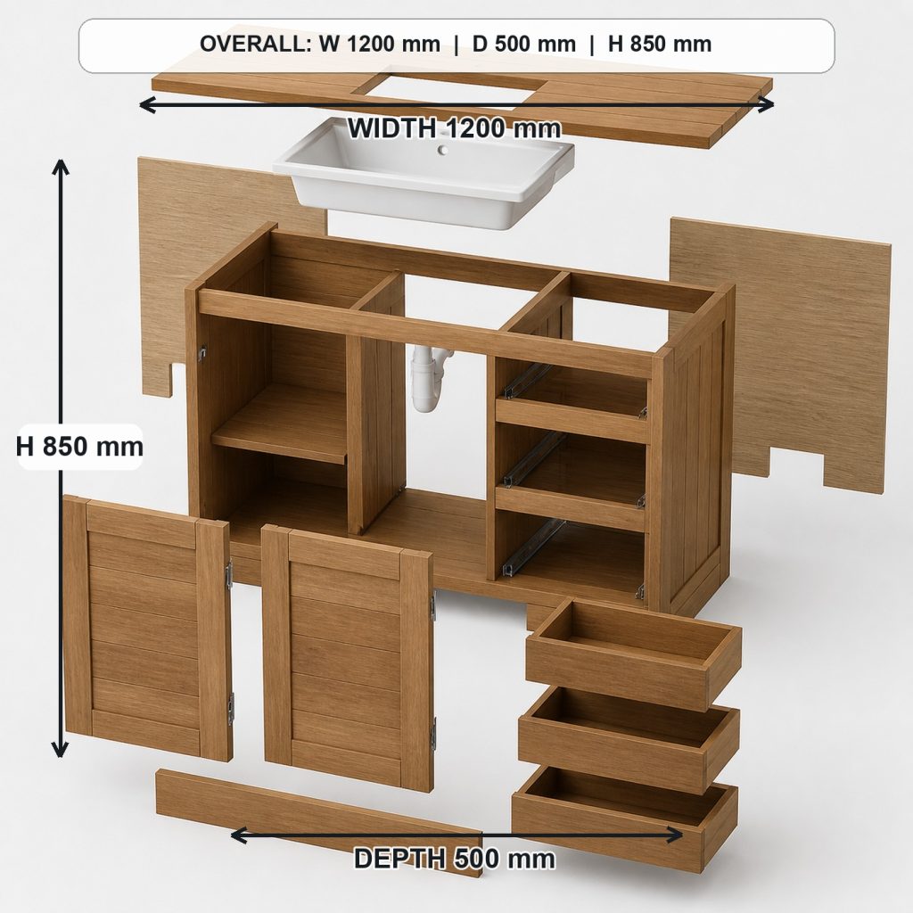 teak and white-oak bathroom vanity exploded construction overview, overall dimensions 1200 mm wide x 500 mm deep x 850 mm high, excluding the faucet