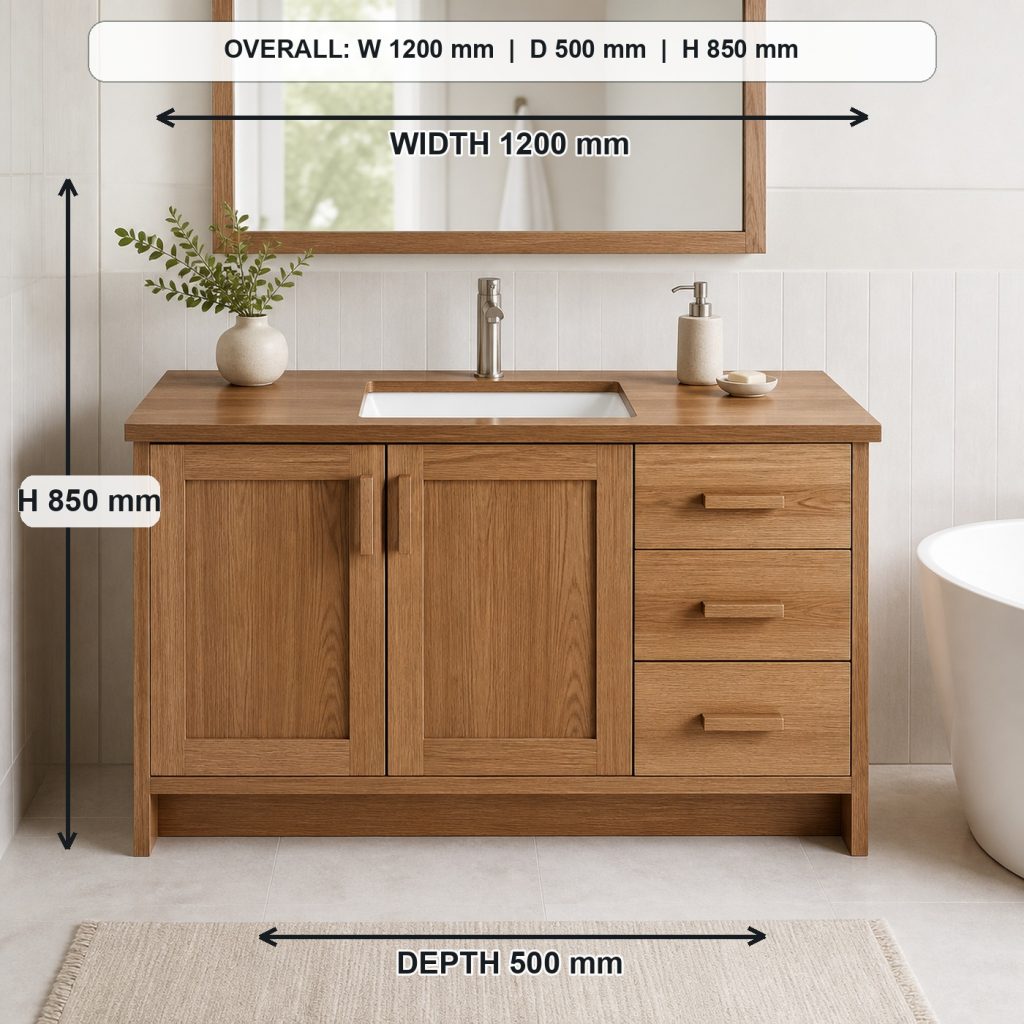 teak and white-oak bathroom vanity project shown in a real room, overall dimensions 1200 mm wide x 500 mm deep x 850 mm high, excluding the faucet