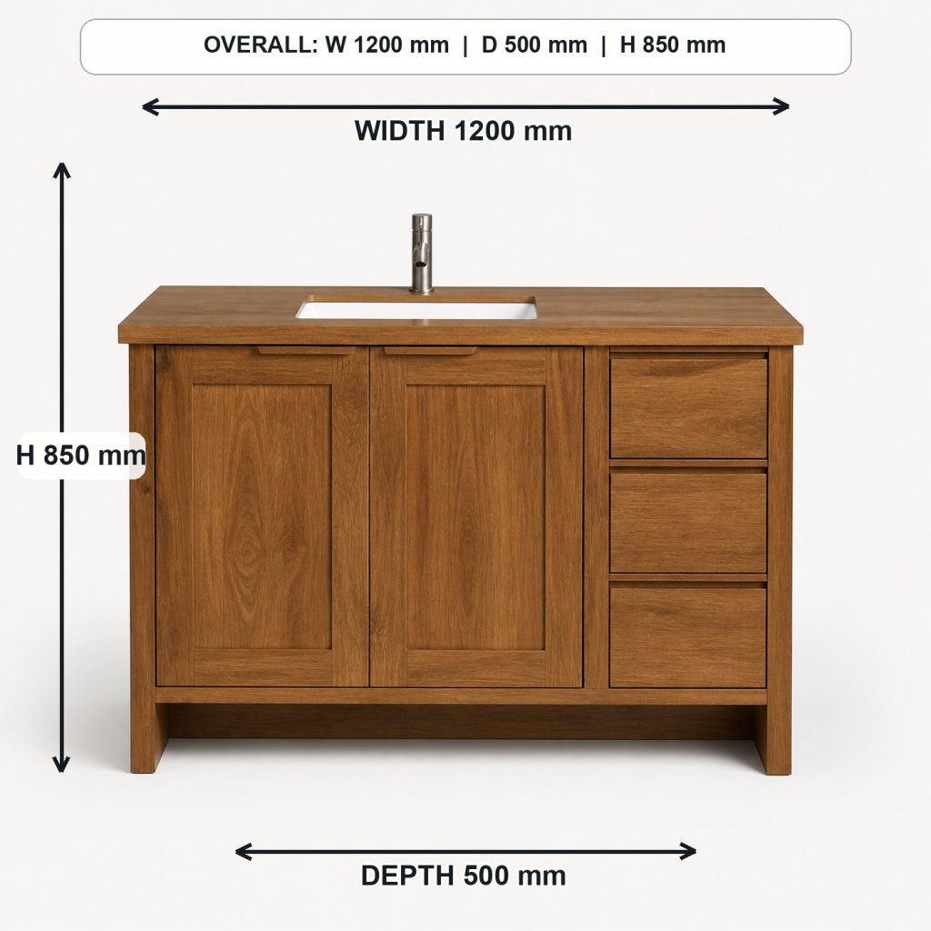 teak and white-oak bathroom vanity finished project variation, overall dimensions 1200 mm wide x 500 mm deep x 850 mm high, excluding the faucet