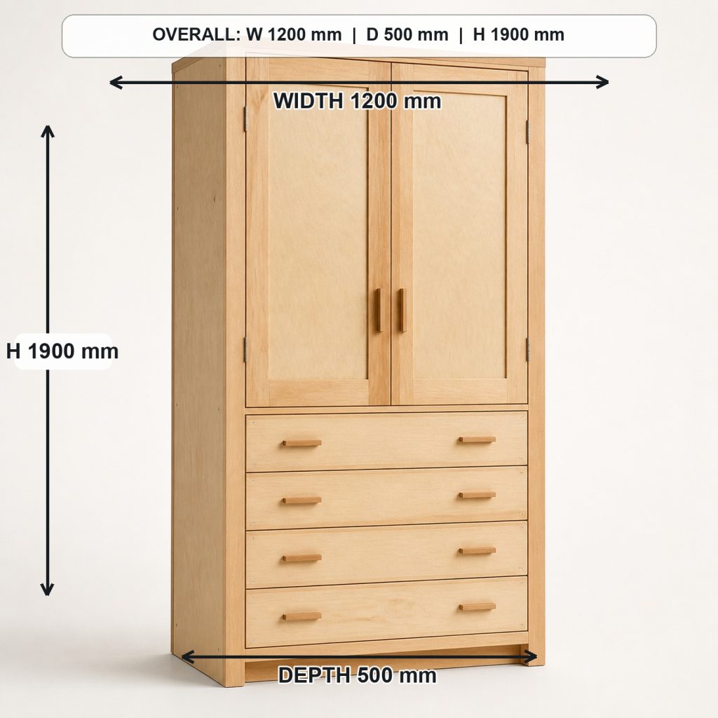 tall birch-plywood workshop tool cabinet complete three-quarter project view, overall dimensions 1200 mm wide x 500 mm deep x 1900 mm high