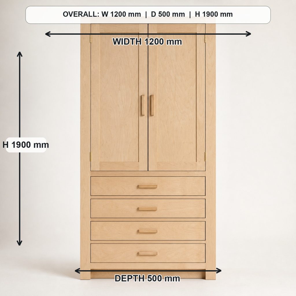 tall birch-plywood workshop tool cabinet front elevation and overall proportions, overall dimensions 1200 mm wide x 500 mm deep x 1900 mm high
