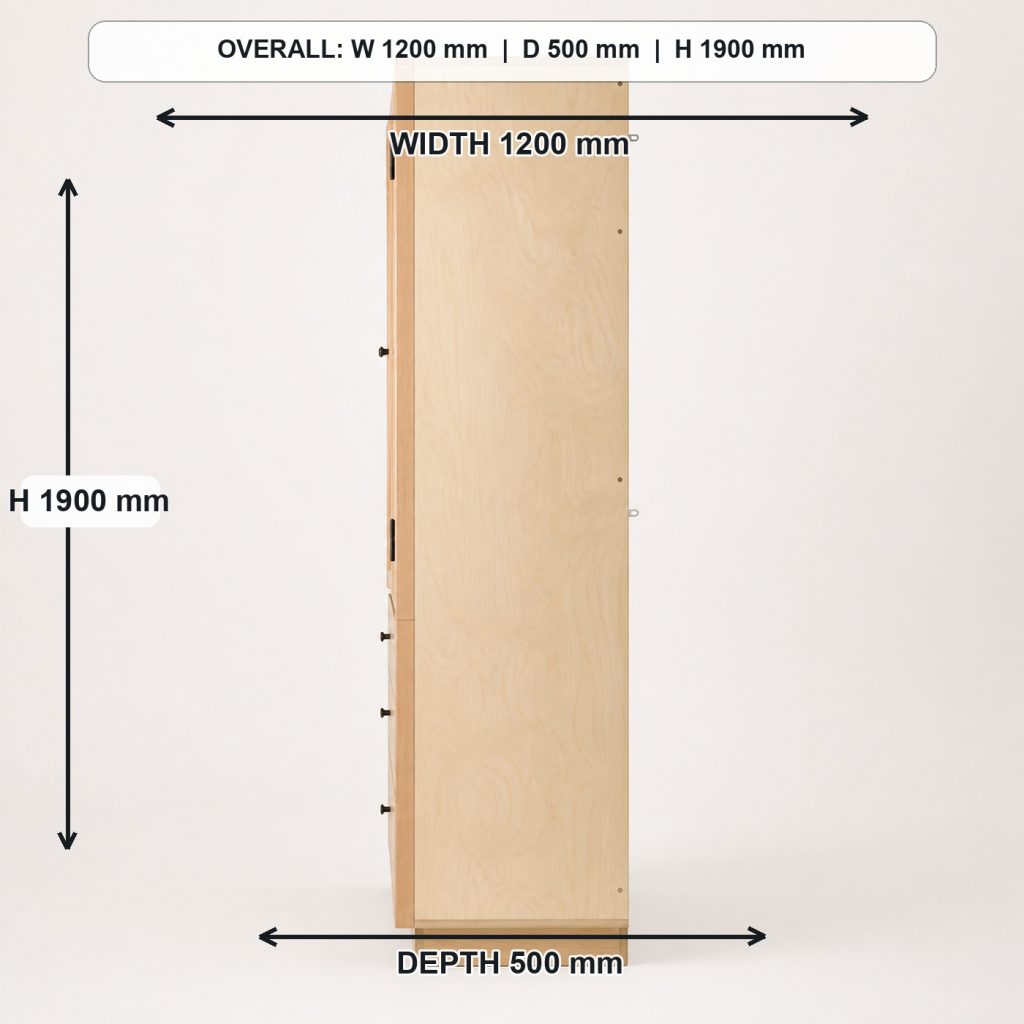 tall birch-plywood workshop tool cabinet side elevation and depth, overall dimensions 1200 mm wide x 500 mm deep x 1900 mm high