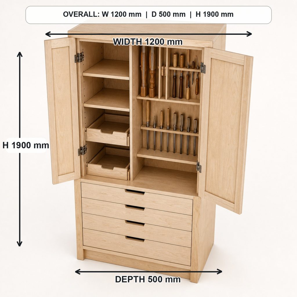 tall birch-plywood workshop tool cabinet top view and usable surface, overall dimensions 1200 mm wide x 500 mm deep x 1900 mm high