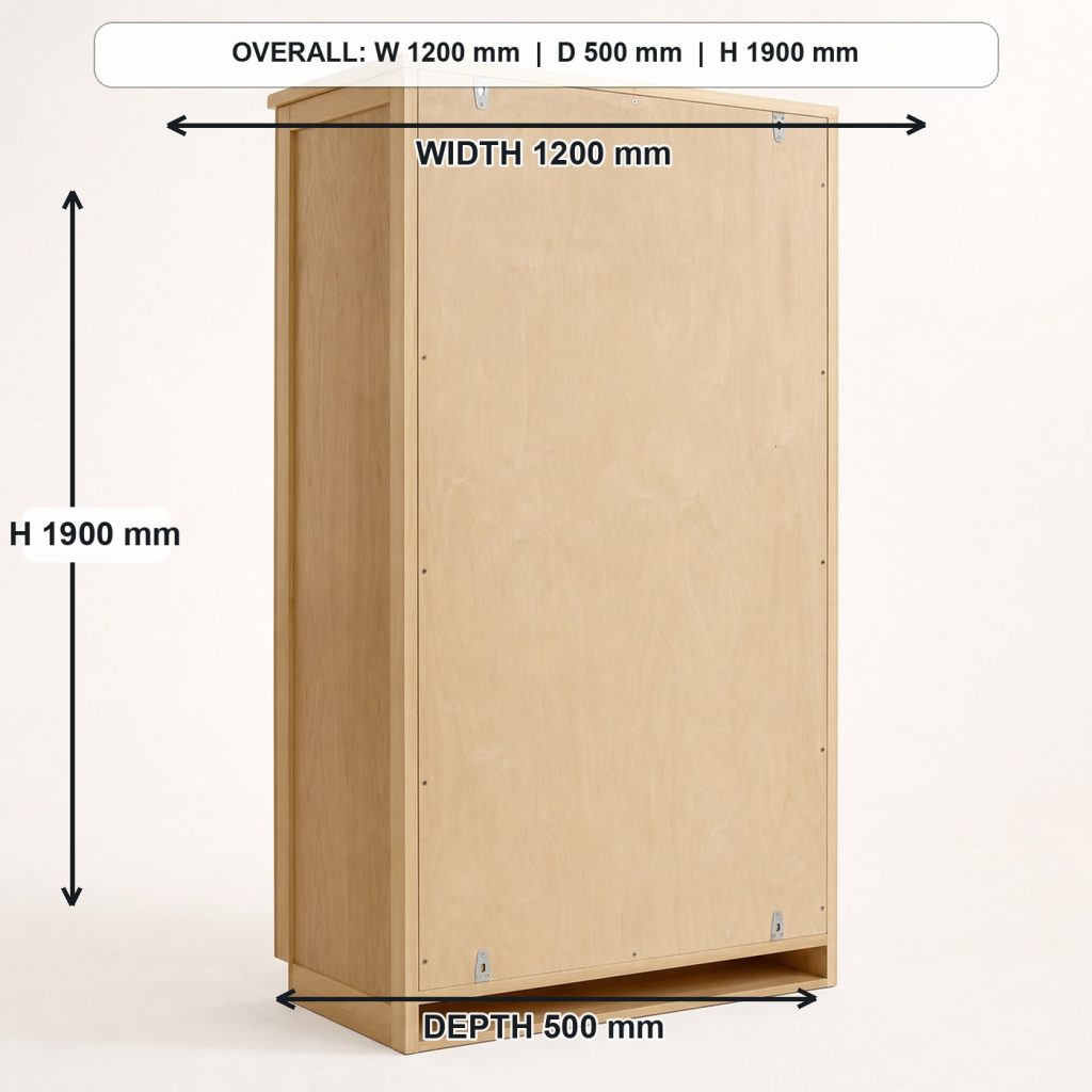 tall birch-plywood workshop tool cabinet rear construction and support, overall dimensions 1200 mm wide x 500 mm deep x 1900 mm high