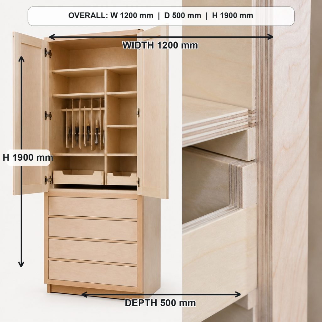 tall birch-plywood workshop tool cabinet primary joinery detail, overall dimensions 1200 mm wide x 500 mm deep x 1900 mm high