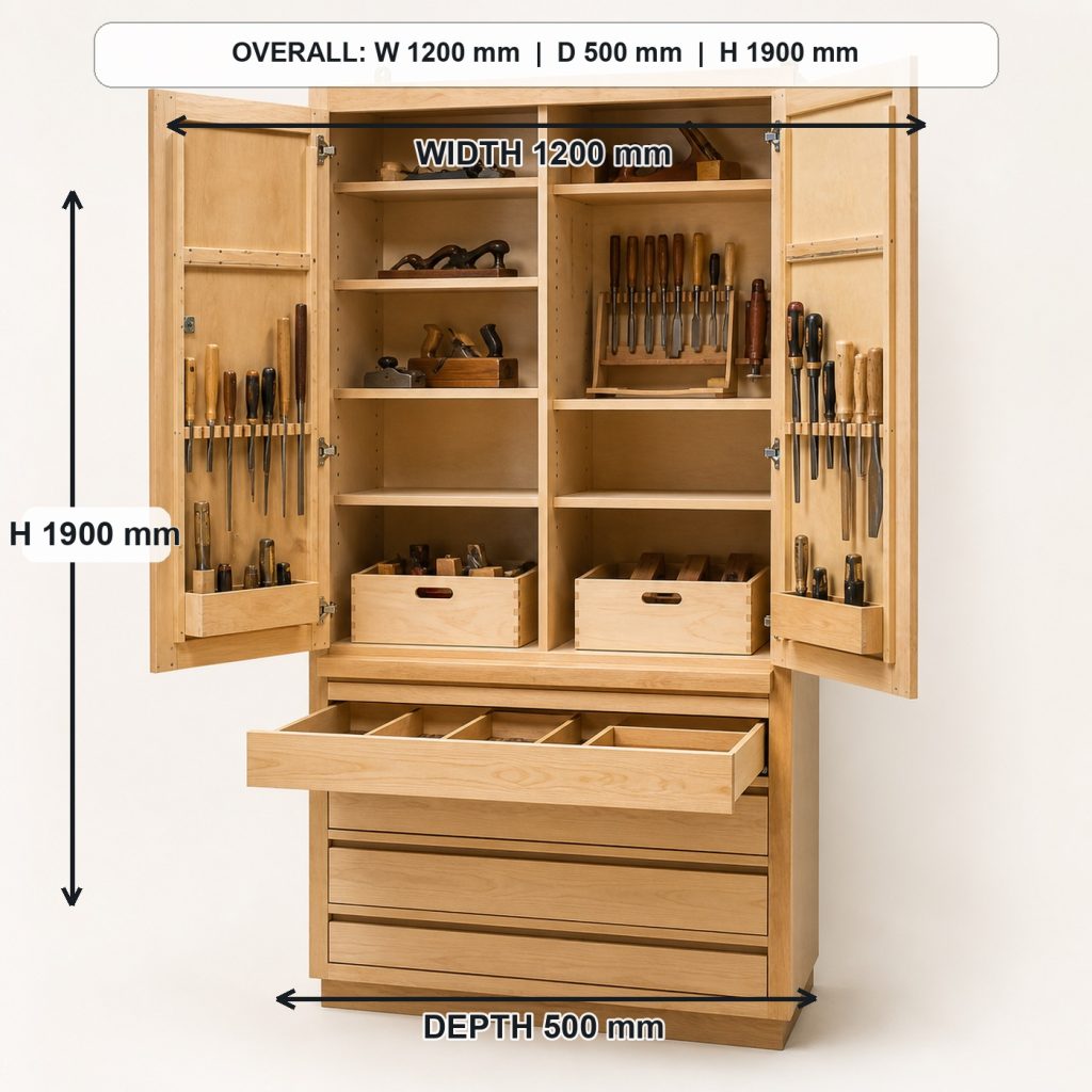 tall birch-plywood workshop tool cabinet storage or functional detail, overall dimensions 1200 mm wide x 500 mm deep x 1900 mm high