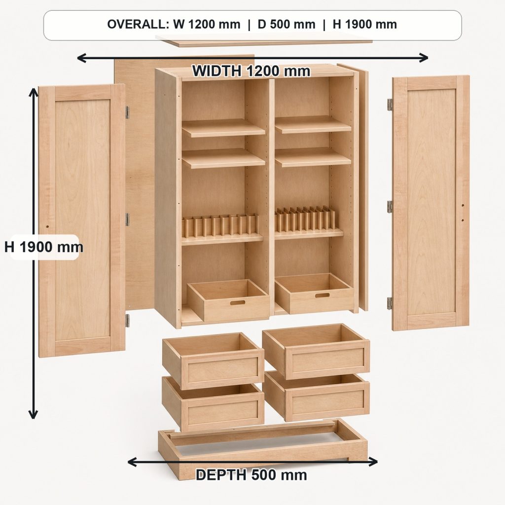 tall birch-plywood workshop tool cabinet exploded construction overview, overall dimensions 1200 mm wide x 500 mm deep x 1900 mm high