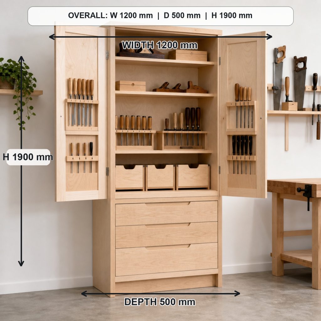tall birch-plywood workshop tool cabinet project shown in a real room, overall dimensions 1200 mm wide x 500 mm deep x 1900 mm high