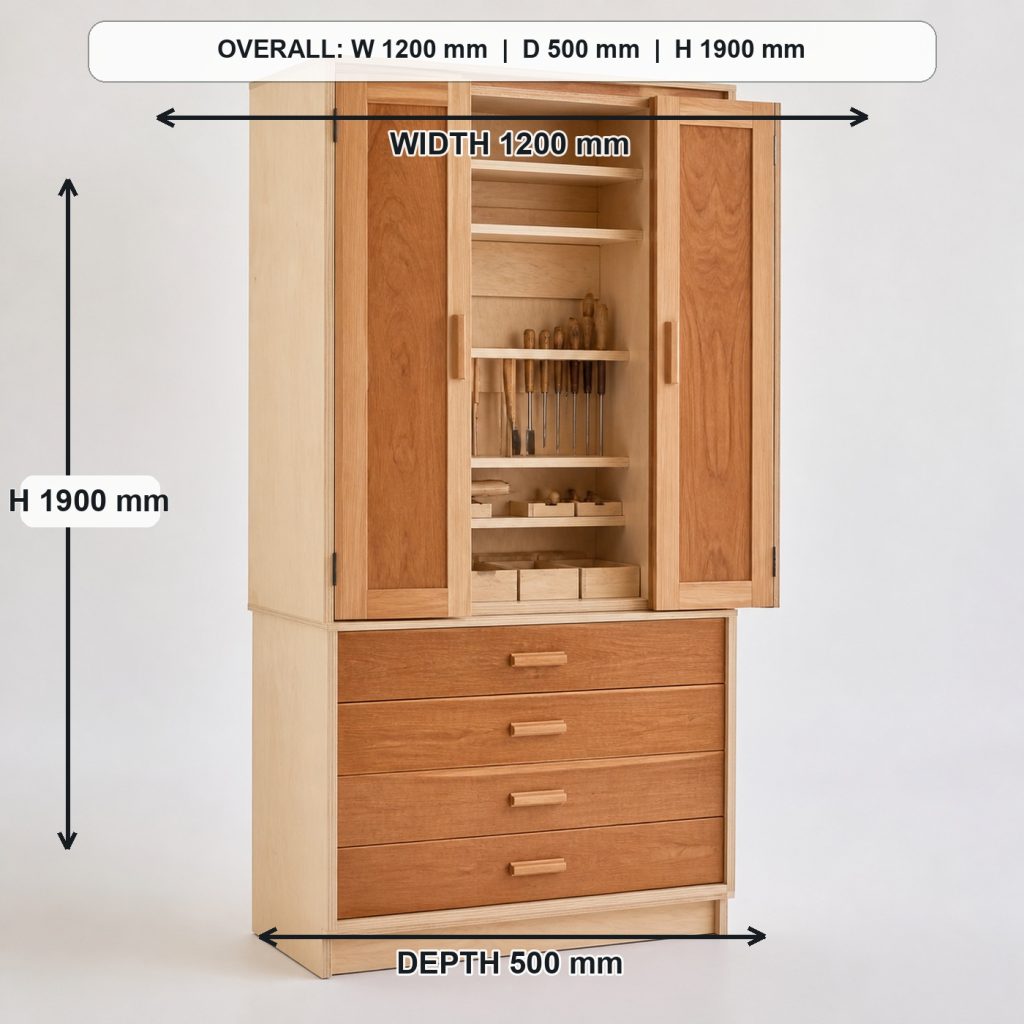 tall birch-plywood workshop tool cabinet finished project variation, overall dimensions 1200 mm wide x 500 mm deep x 1900 mm high