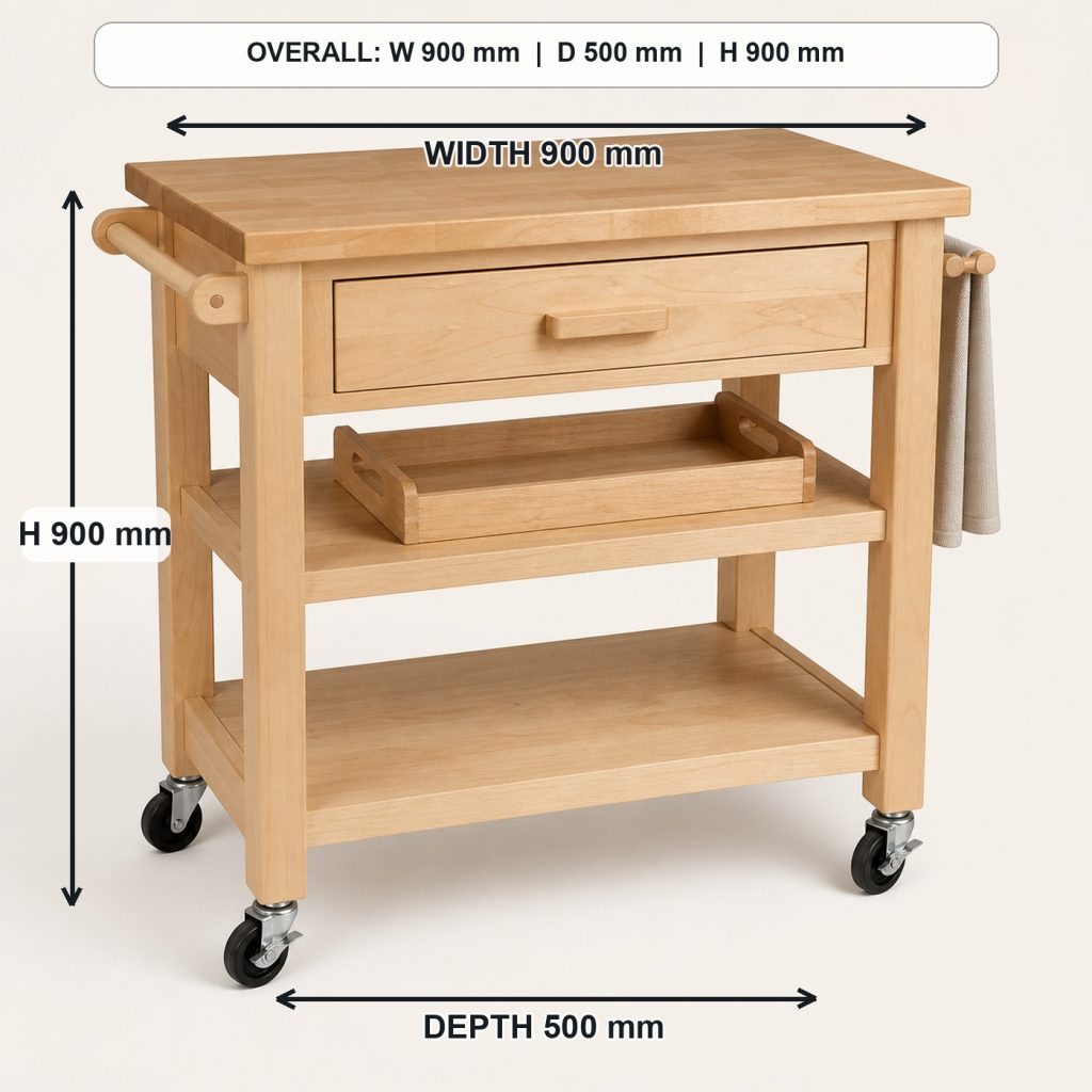 solid-maple rolling kitchen cart complete three-quarter project view, overall dimensions 900 mm wide x 500 mm deep x 900 mm high, including the handle