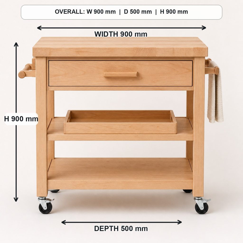 solid-maple rolling kitchen cart front elevation and overall proportions, overall dimensions 900 mm wide x 500 mm deep x 900 mm high, including the handle