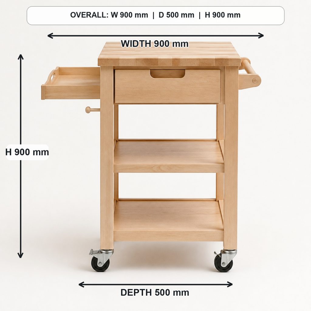 solid-maple rolling kitchen cart side elevation and depth, overall dimensions 900 mm wide x 500 mm deep x 900 mm high, including the handle