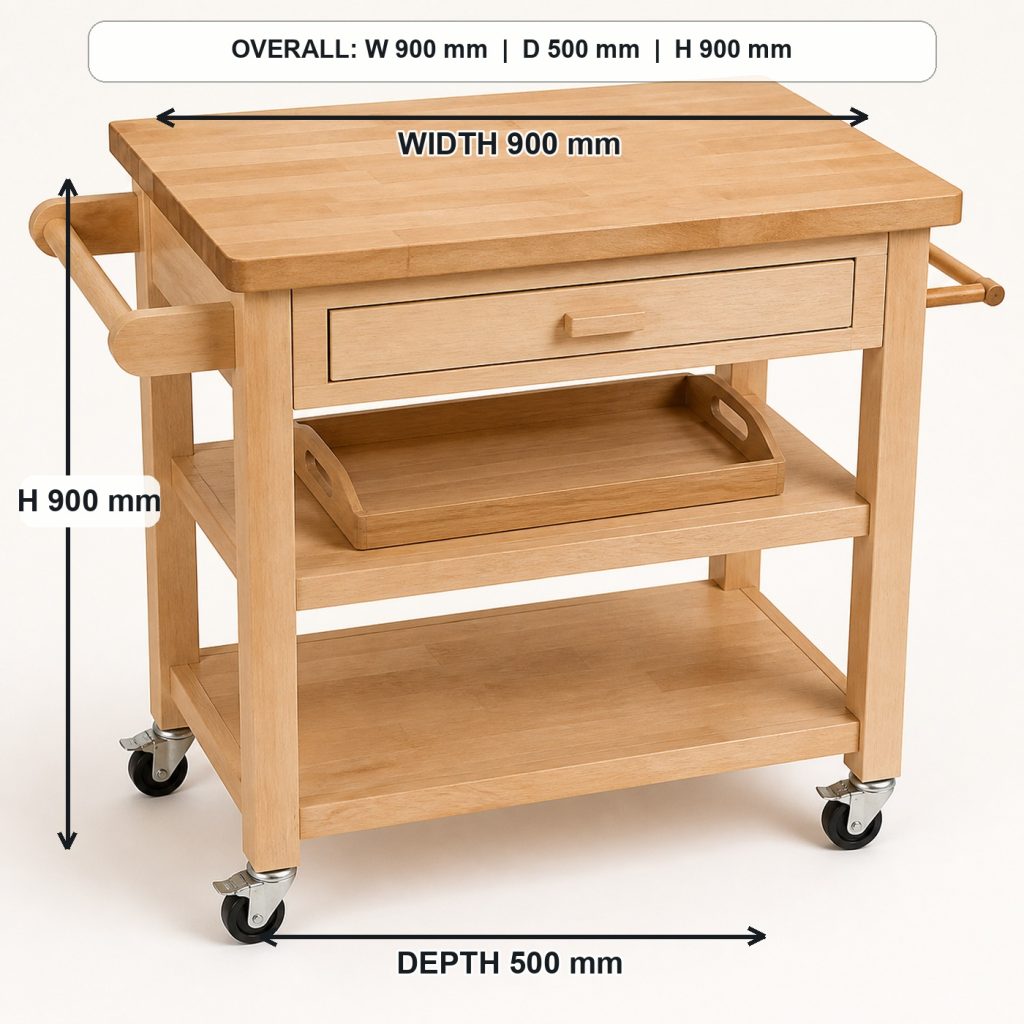 solid-maple rolling kitchen cart top view and usable surface, overall dimensions 900 mm wide x 500 mm deep x 900 mm high, including the handle
