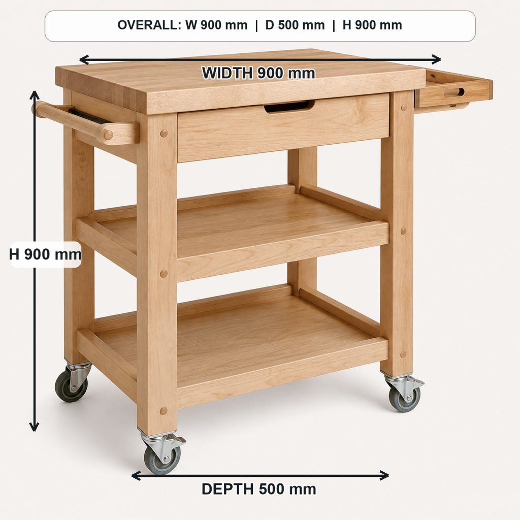 solid-maple rolling kitchen cart rear construction and support, overall dimensions 900 mm wide x 500 mm deep x 900 mm high, including the handle