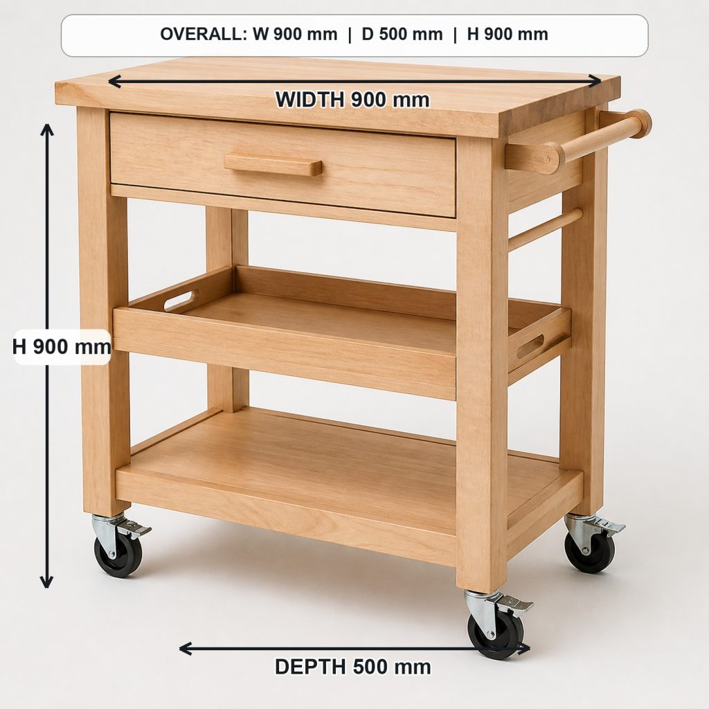 solid-maple rolling kitchen cart primary joinery detail, overall dimensions 900 mm wide x 500 mm deep x 900 mm high, including the handle