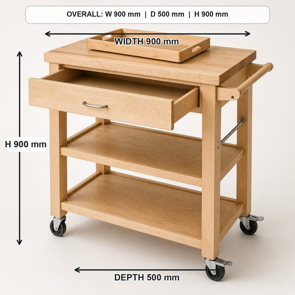 solid-maple rolling kitchen cart storage or functional detail, overall dimensions 900 mm wide x 500 mm deep x 900 mm high, including the handle