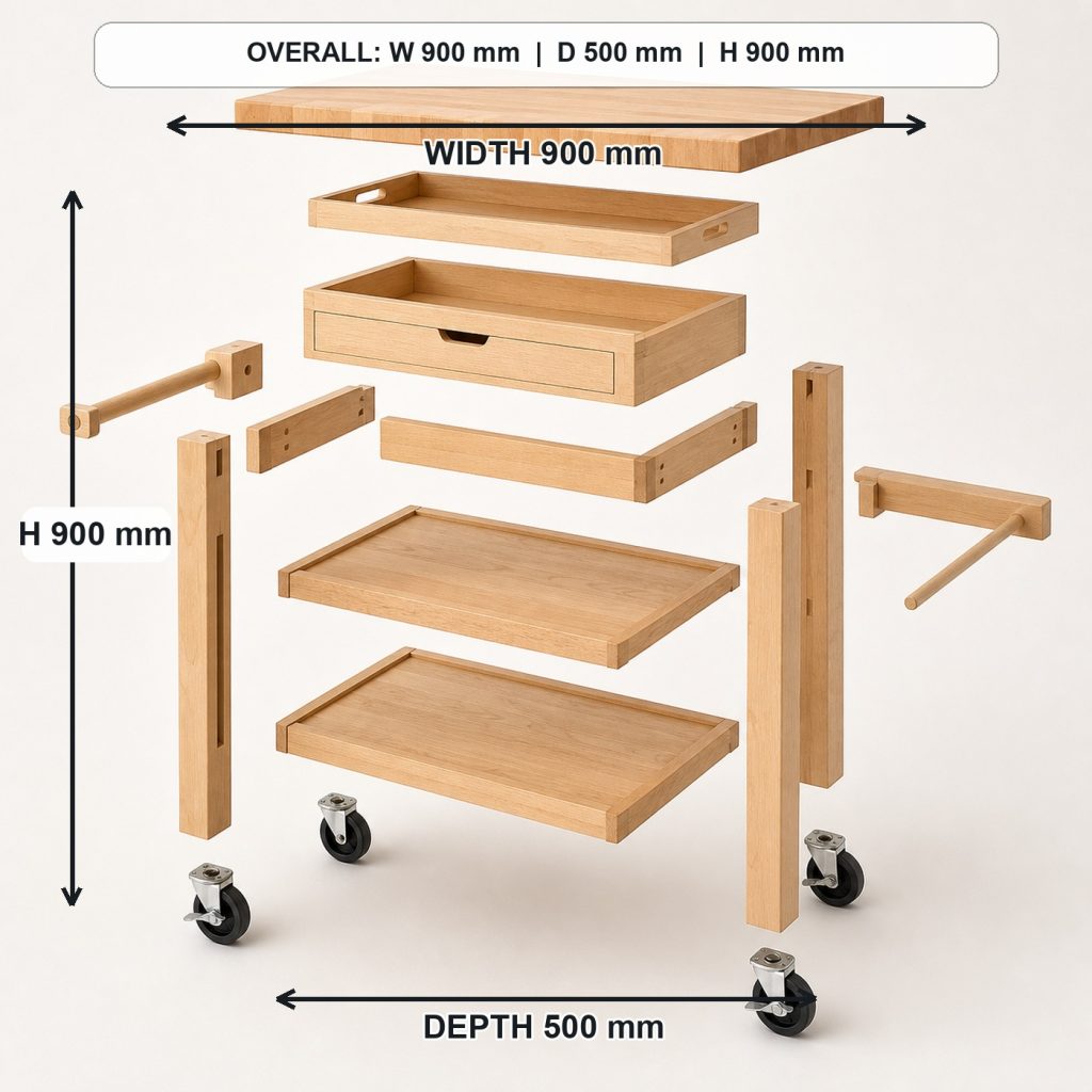 solid-maple rolling kitchen cart exploded construction overview, overall dimensions 900 mm wide x 500 mm deep x 900 mm high, including the handle