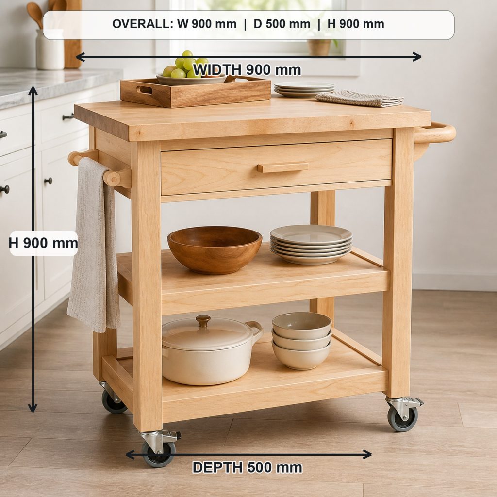 solid-maple rolling kitchen cart project shown in a real room, overall dimensions 900 mm wide x 500 mm deep x 900 mm high, including the handle