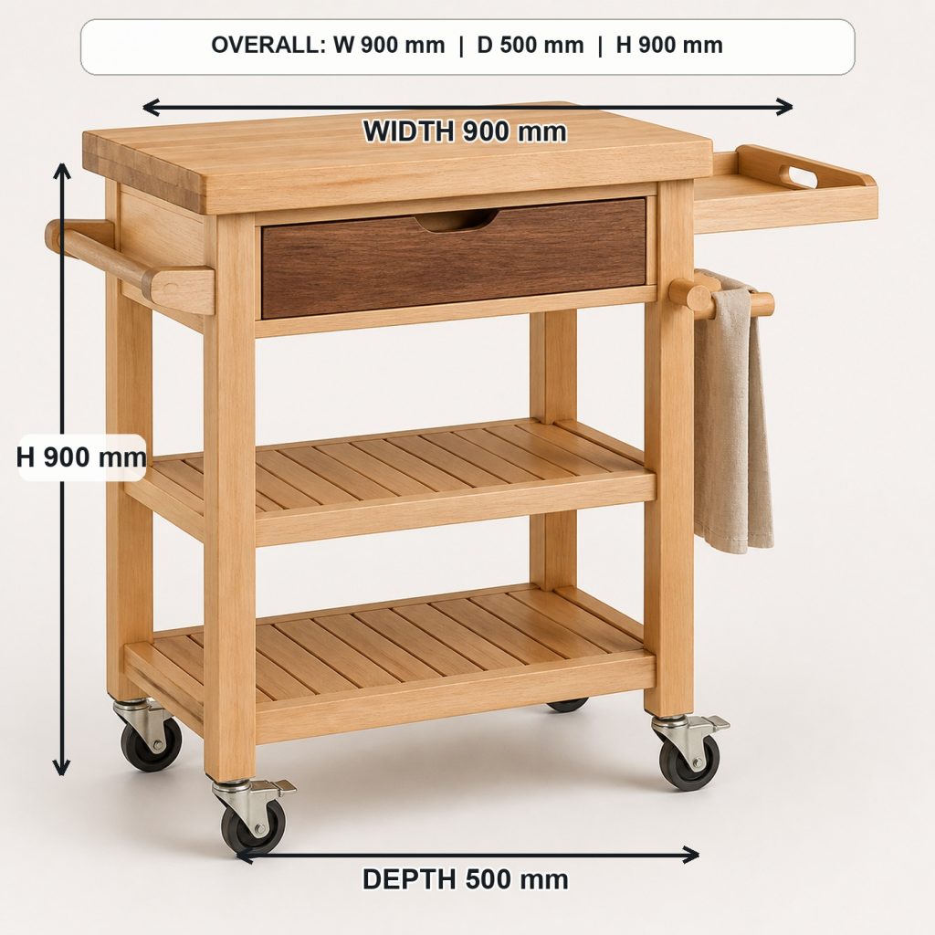 solid-maple rolling kitchen cart finished project variation, overall dimensions 900 mm wide x 500 mm deep x 900 mm high, including the handle
