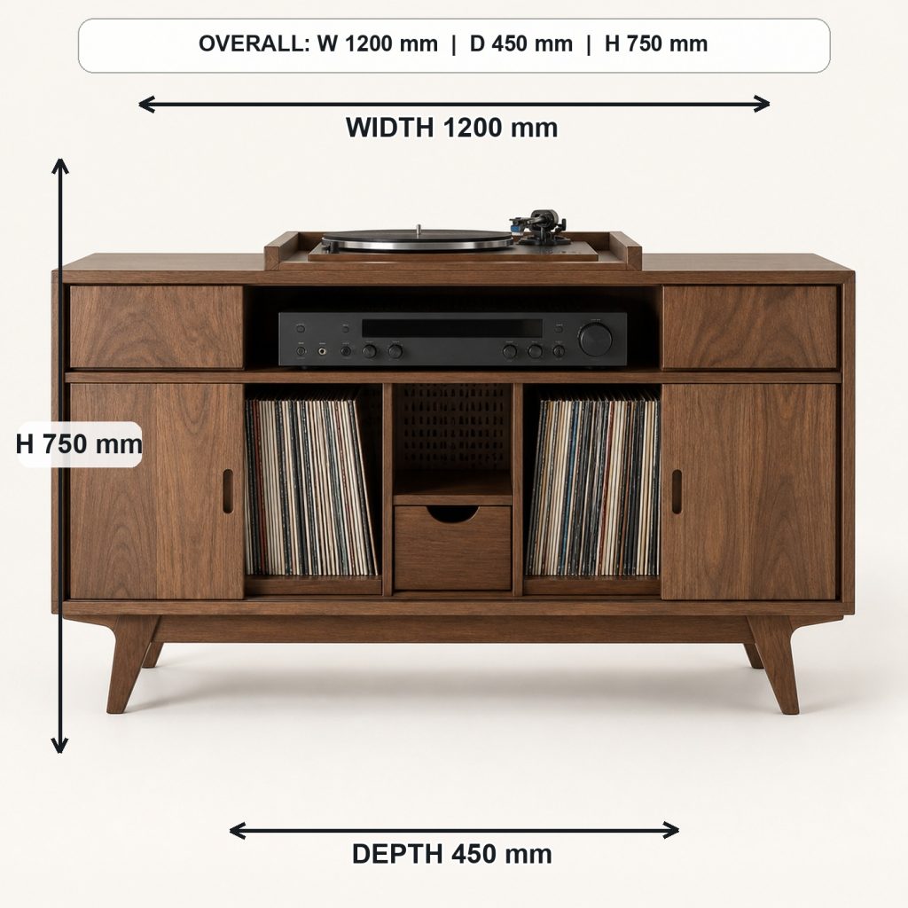 mid-century walnut record player cabinet front elevation and overall proportions, overall dimensions 1200 mm wide x 450 mm deep x 750 mm high