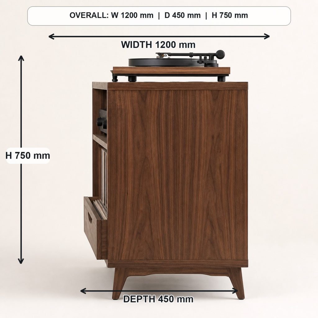 mid-century walnut record player cabinet side elevation and depth, overall dimensions 1200 mm wide x 450 mm deep x 750 mm high