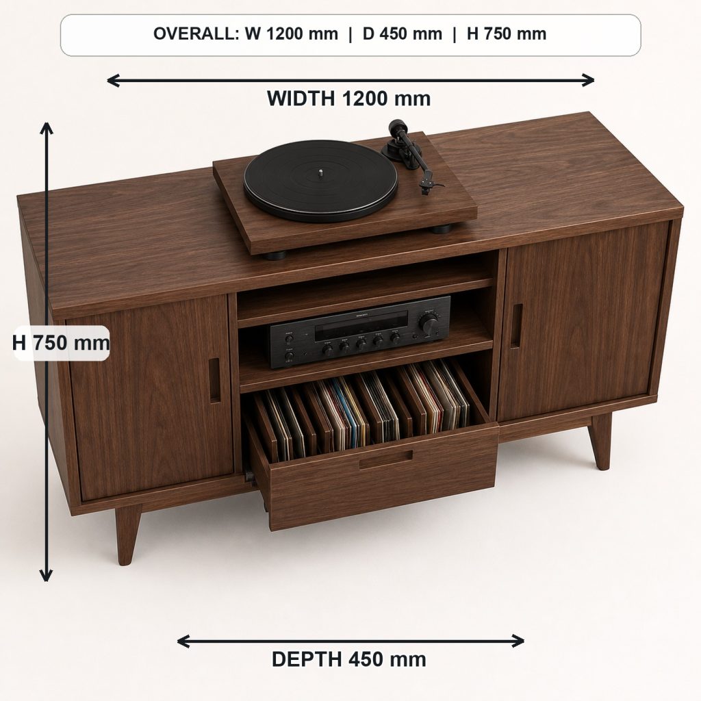 mid-century walnut record player cabinet top view and usable surface, overall dimensions 1200 mm wide x 450 mm deep x 750 mm high