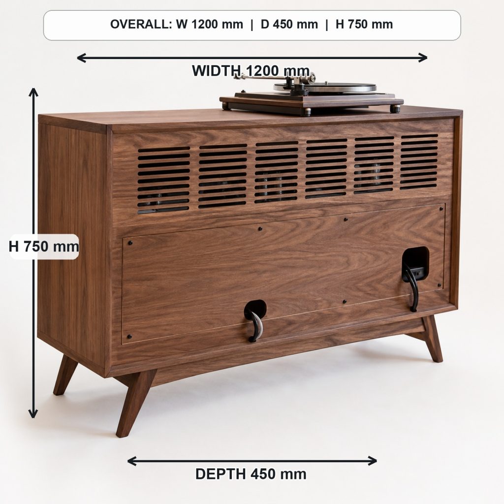 mid-century walnut record player cabinet rear construction and support, overall dimensions 1200 mm wide x 450 mm deep x 750 mm high