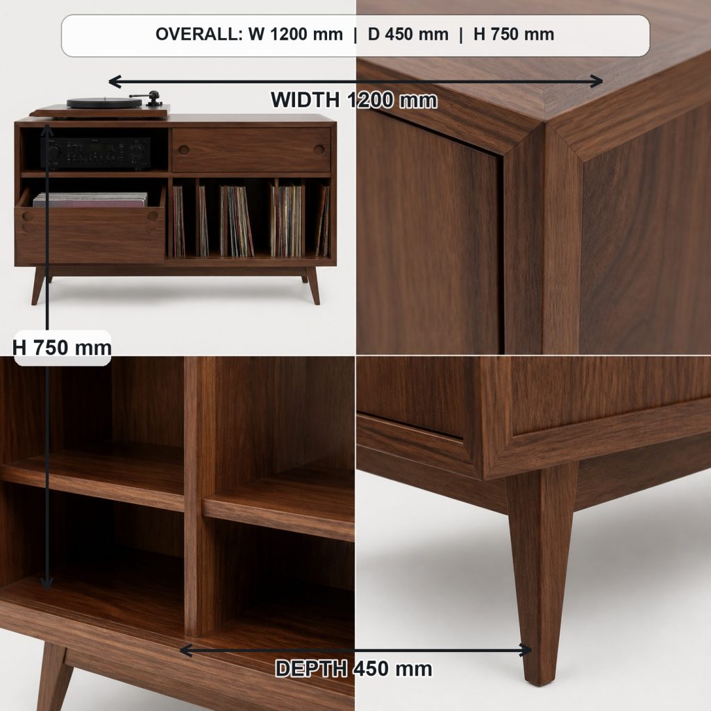 mid-century walnut record player cabinet primary joinery detail, overall dimensions 1200 mm wide x 450 mm deep x 750 mm high