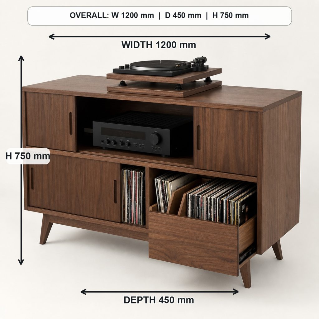 mid-century walnut record player cabinet storage or functional detail, overall dimensions 1200 mm wide x 450 mm deep x 750 mm high