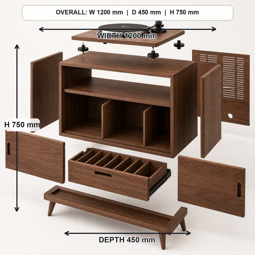 mid-century walnut record player cabinet exploded construction overview, overall dimensions 1200 mm wide x 450 mm deep x 750 mm high