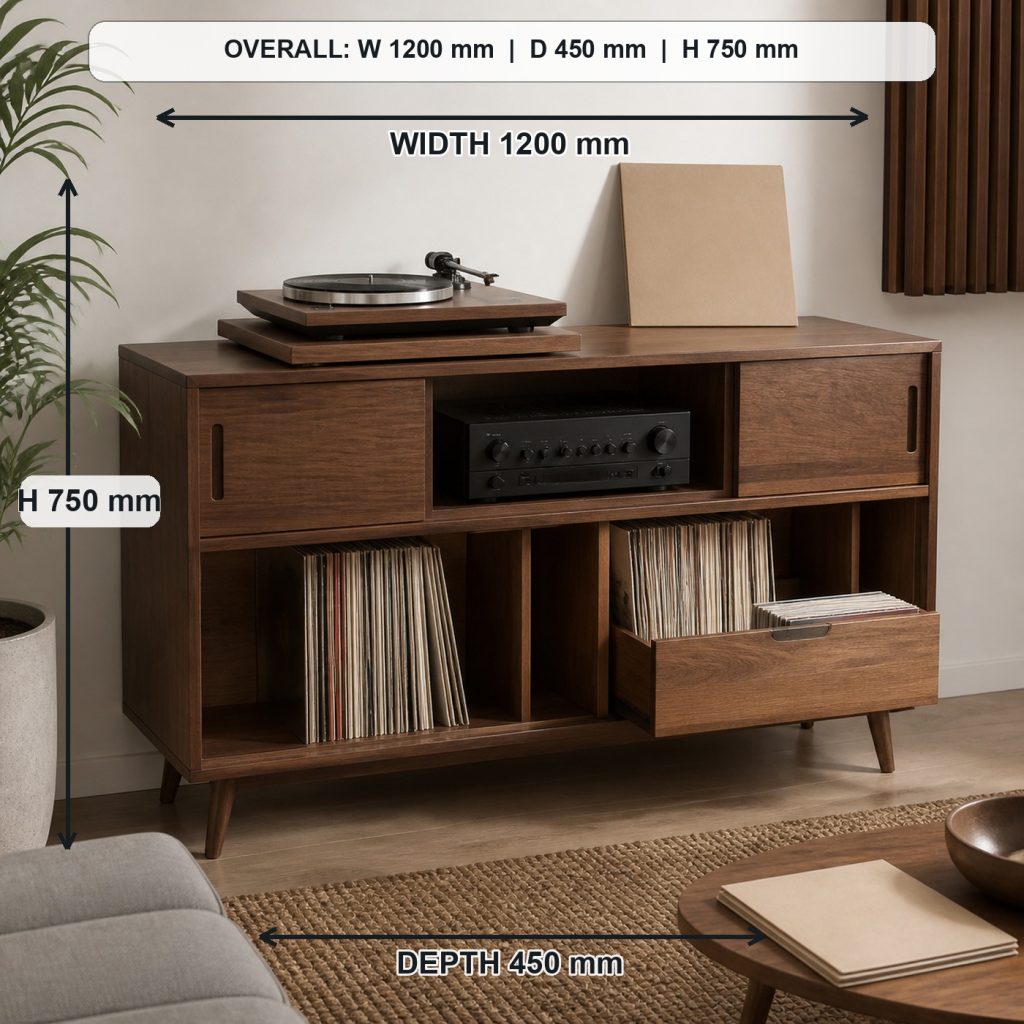 mid-century walnut record player cabinet project shown in a real room, overall dimensions 1200 mm wide x 450 mm deep x 750 mm high