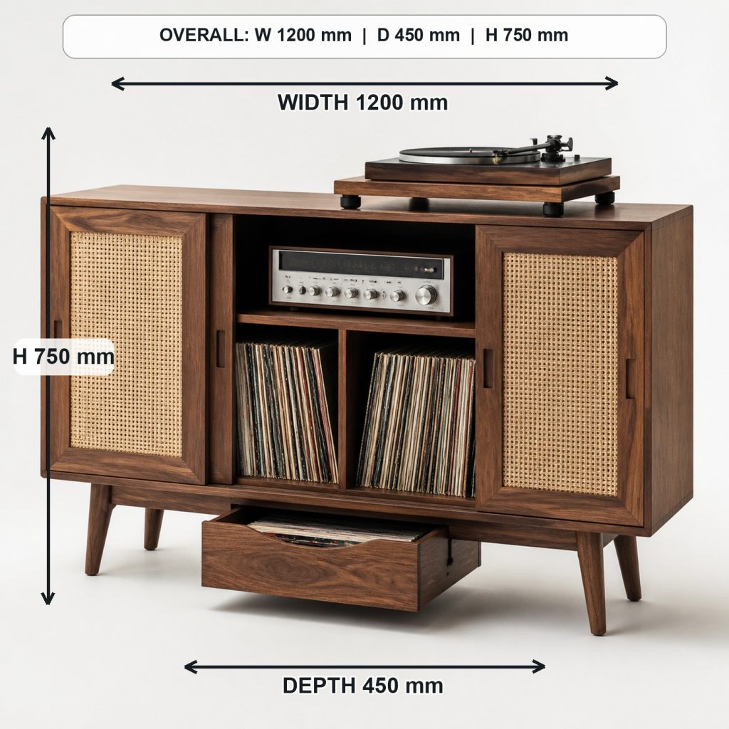 mid-century walnut record player cabinet finished project variation, overall dimensions 1200 mm wide x 450 mm deep x 750 mm high