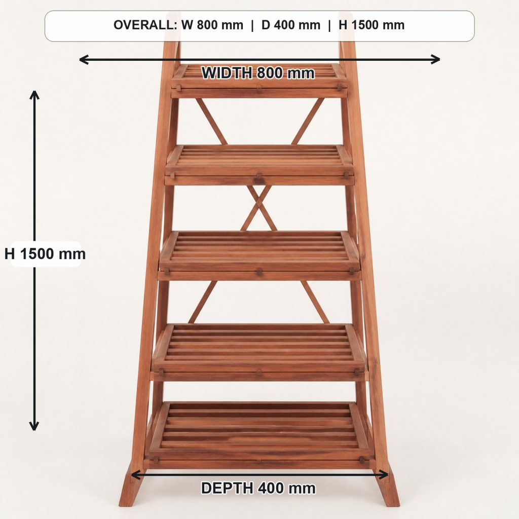five-tier ladder-style cedar plant stand front elevation and overall proportions, overall dimensions 800 mm wide x 400 mm deep x 1500 mm high