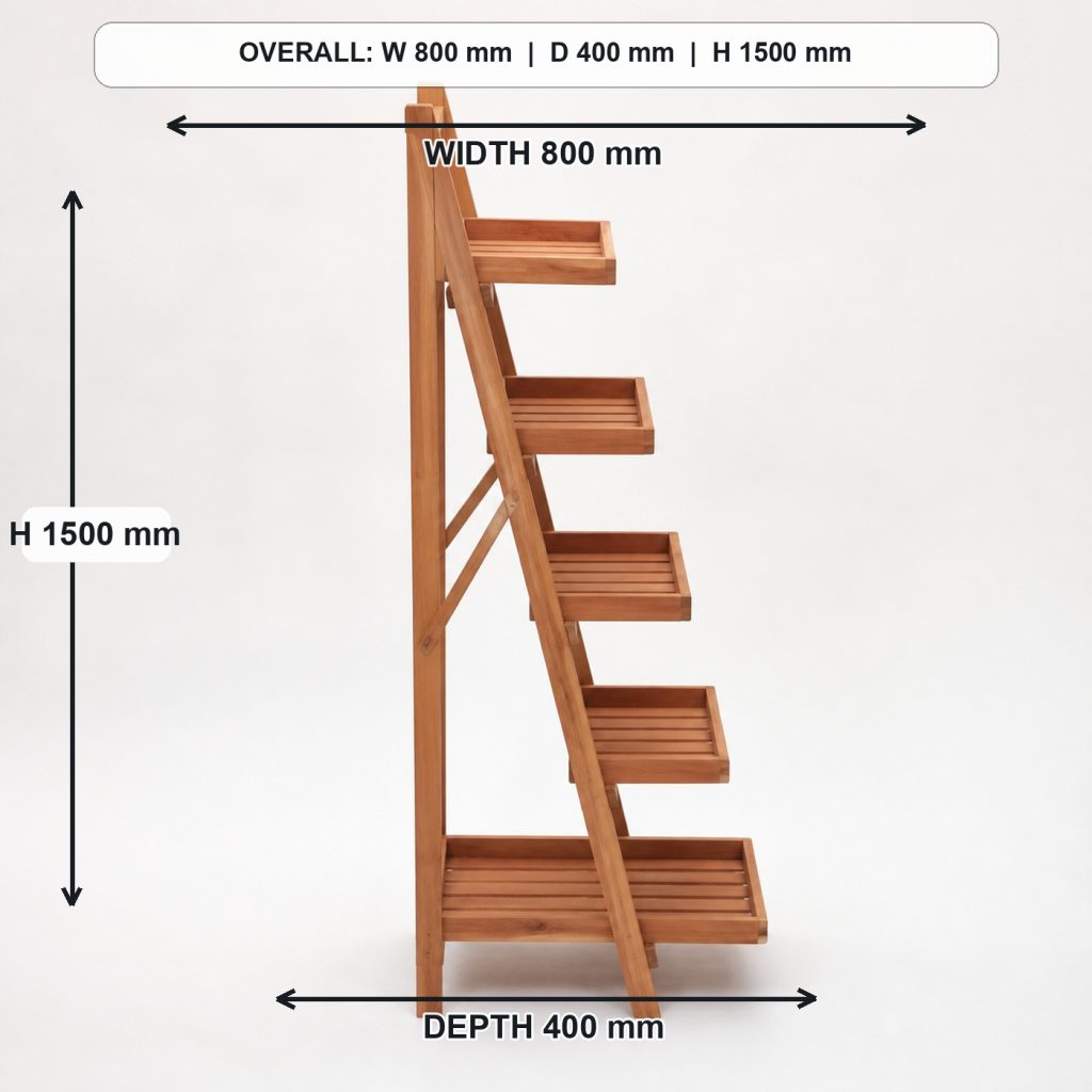 five-tier ladder-style cedar plant stand side elevation and depth, overall dimensions 800 mm wide x 400 mm deep x 1500 mm high