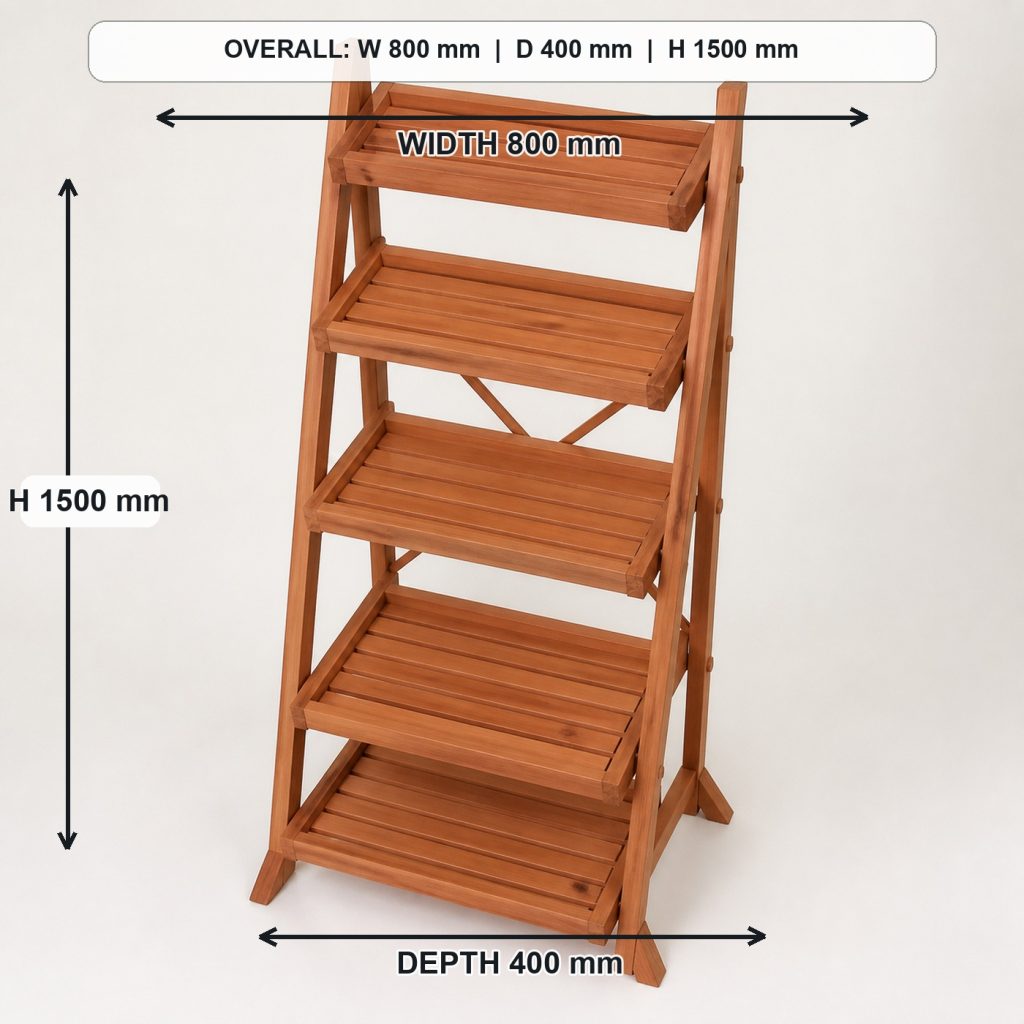 five-tier ladder-style cedar plant stand top view and usable surface, overall dimensions 800 mm wide x 400 mm deep x 1500 mm high