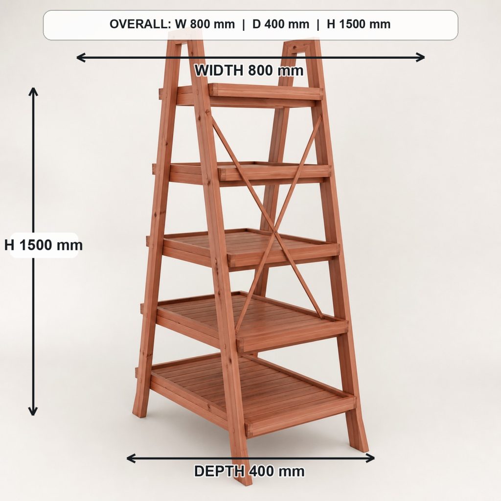 five-tier ladder-style cedar plant stand rear construction and support, overall dimensions 800 mm wide x 400 mm deep x 1500 mm high
