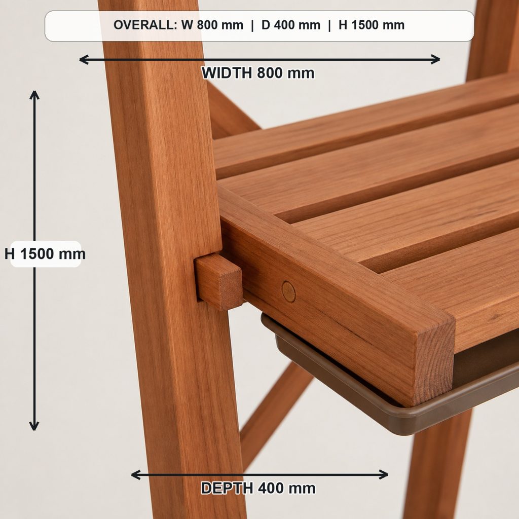 five-tier ladder-style cedar plant stand primary joinery detail, overall dimensions 800 mm wide x 400 mm deep x 1500 mm high