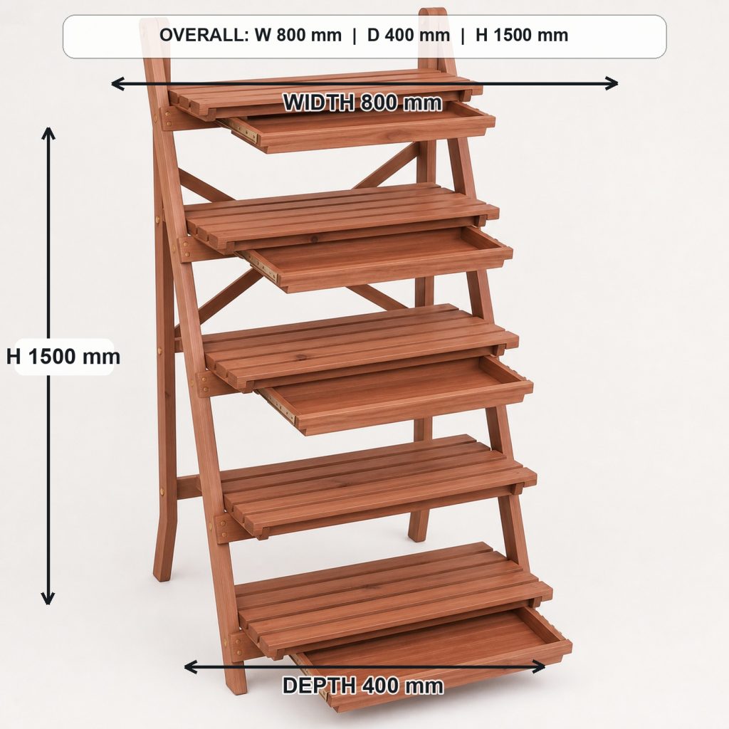five-tier ladder-style cedar plant stand storage or functional detail, overall dimensions 800 mm wide x 400 mm deep x 1500 mm high