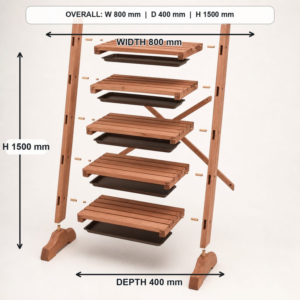 five-tier ladder-style cedar plant stand exploded construction overview, overall dimensions 800 mm wide x 400 mm deep x 1500 mm high
