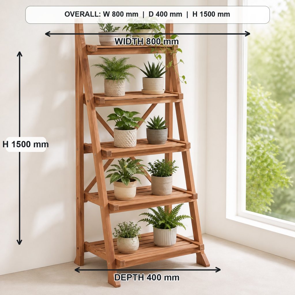 five-tier ladder-style cedar plant stand project shown in a real room, overall dimensions 800 mm wide x 400 mm deep x 1500 mm high