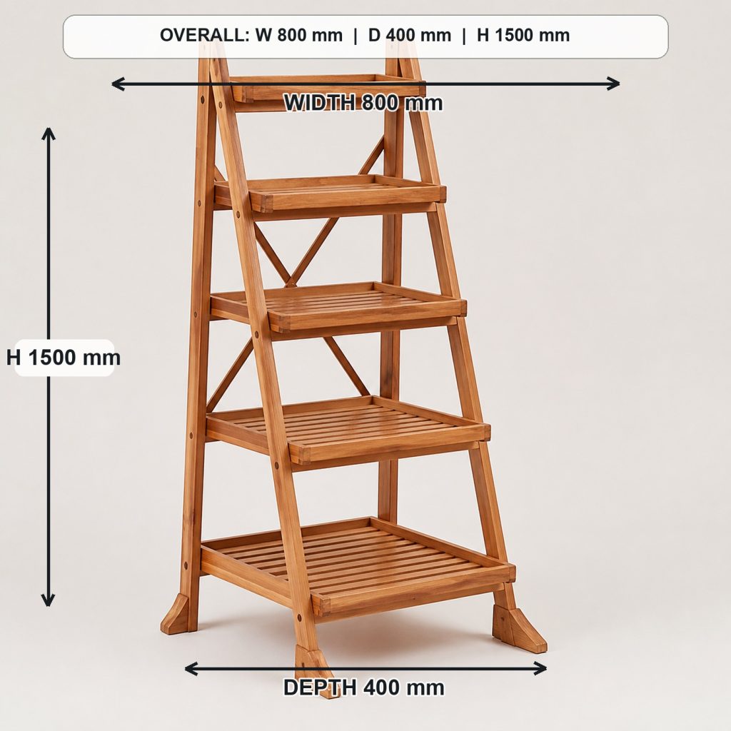 five-tier ladder-style cedar plant stand finished project variation, overall dimensions 800 mm wide x 400 mm deep x 1500 mm high