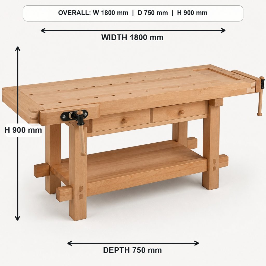 professional solid-beech woodworking workbench complete three-quarter project view, overall dimensions 1800 mm wide x 750 mm deep x 900 mm high