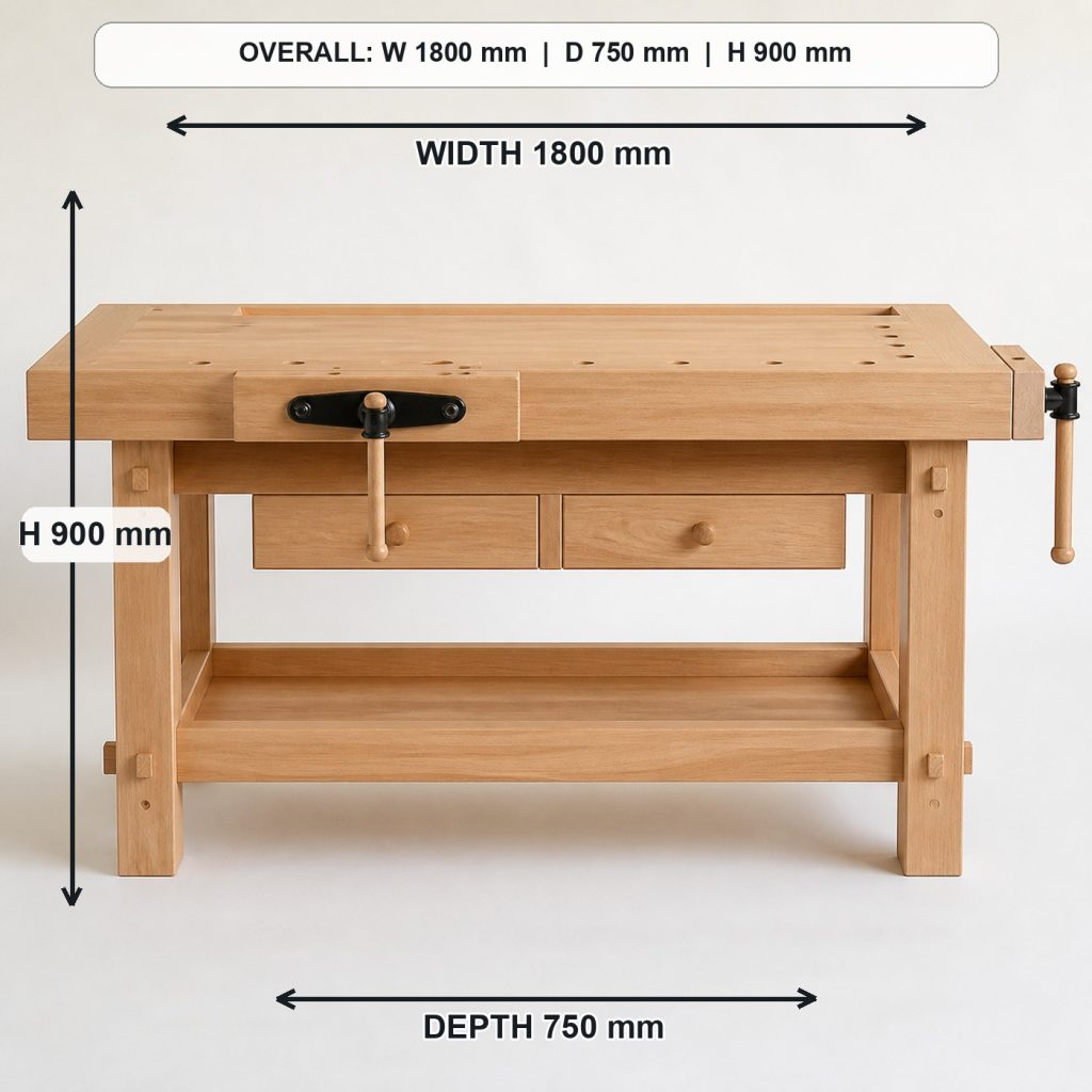 professional solid-beech woodworking workbench front elevation and overall proportions, overall dimensions 1800 mm wide x 750 mm deep x 900 mm high